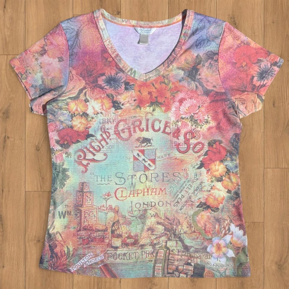 Euro Floral Collage Graphic Tee Women's V-Neck Cottagecore Romantic